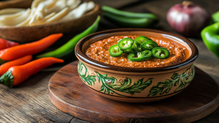 A close-up image of vibrant salsa topped with fresh jalapeの素材