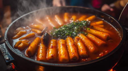 A mouthwatering view of spicy Korean rice cakes, simmered in a flavorful hotpot, topped with fresh green onions, perfect for food lovers and culinary enthusiasts.の素材