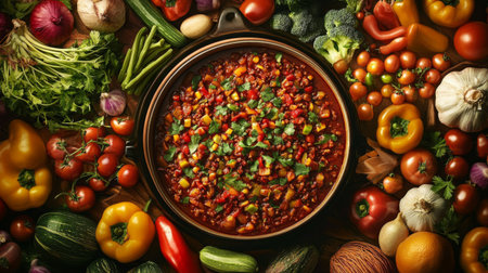 A vibrant bowl of vegetable stew surrounded by a variety of fresh produce showcases healthy eating and the joy of cooking with colorful ingredients. Perfect for culinary enthusiasts.の素材