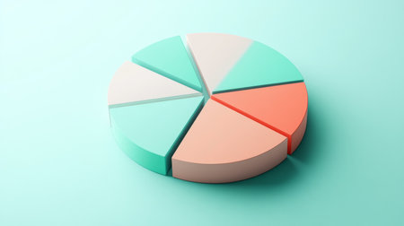 A vibrant 3D pie chart with soft pastel colors on a gentle blue backdrop, ideal for illustrating growth, performance, and data analysis concepts in business presentations.の素材