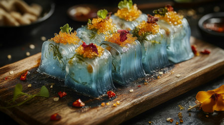 A stunning jelly dessert beautifully arranged on a rustic board, featuring vibrant colors, garnished with edible flowers and caviar, ideal for gourmet presentations.の素材
