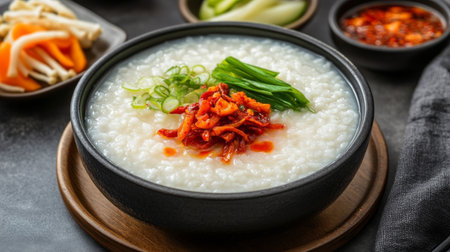 A delightful bowl of congee featuring creamy rice porridge topped with spicy ingredients and fresh green onions, perfect for a cozy breakfast or snack.の素材