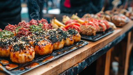 Discover an enticing display of grilled street food featuring various flavorful toppings, served on a rustic wooden platter in an outdoor market atmosphere.の素材