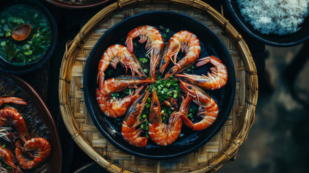 A stunning freshly prepared shrimp platter showcases vibrant seafood arranged artfully on a traditional serving dish, garnished with green onions for a delightful culinary presentation.の素材