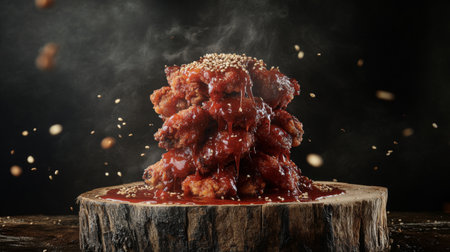 A mouthwatering display of stacked crispy chicken wings drenched in savory sauce and sprinkled with sesame seeds, showcasing texture and flavor in an appealing setting.の素材