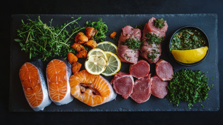 A beautifully arranged seafood and meat platter featuring salmon, tuna, and fresh herbs, complemented by lemon and vegetables, ideal for culinary presentations.の素材