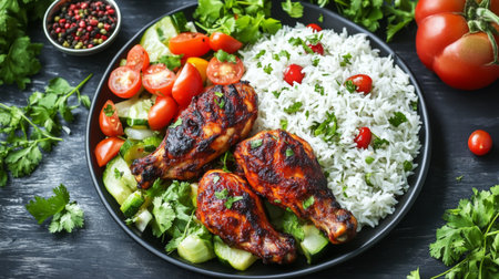 A beautifully arranged plate featuring grilled chicken drumsticks, fluffy rice, fresh tomatoes, and vibrant herbs, ideal for a summer meal or outdoor barbecue.の素材