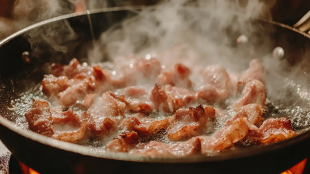 Enjoy the alluring sight of bacon sizzling in a pan, surrounded by rising steam that enhances the culinary experience in any kitchen during cooking.の素材