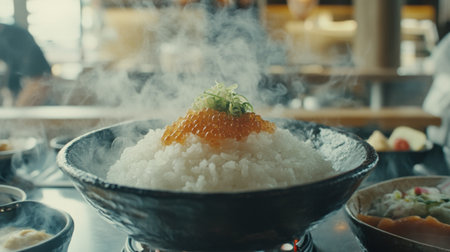 A captivating image of a steaming bowl of rice garnished with fish roe and green onions, embodying a warm and inviting dining atmosphere perfect for food lovers.の素材