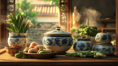 A stunning arrangement of fresh vegetables, herbs, and traditional cookware captures the essence of cooking. The sunlight enhances the colors in this culinary artistry.の素材