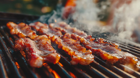 Succulent bacon strips grilling on a barbecue, surrounded by rising smoke and warm flames, ideal for food enthusiasts seeking delicious outdoor cooking inspirations.の素材