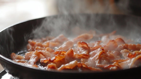 Mouthwatering bacon sizzles in a frying pan, creating a rich aroma and crispy texture, ideal for breakfast menus and food photography to enhance culinary creativity.の素材
