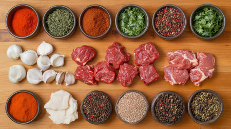 An organized layout of fresh meat cuts alongside vibrant spices and herbs on a wooden surface, perfect for culinary projects, recipe development, or food photography inspiration.の素材