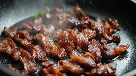 A captivating image of sizzling meat slices frying in a hot pan, releasing steam and showcasing a mouthwatering culinary delight, ideal for food-related projects.の素材