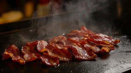 Mouthwatering crispy bacon strips sizzling on a hot griddle, releasing steam and inviting aromas. Ideal for food photography or culinary projects focused on breakfast delicacies.の素材