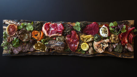 This stunning wooden platter showcases a vibrant selection of gourmet meats alongside fresh ingredients, perfect for inspiring culinary creativity and visual delight in your food photography projects.の素材