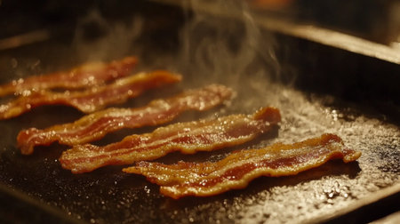 Close-up view of crispy bacon cooking on a hot grill, releasing delicious steam. Perfect for showcasing breakfast comfort food with rich textures and enticing aromas.の素材