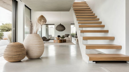 Experience a sophisticated living space that showcases modern interior design with wooden stairs, elegant decor, and natural elements for a warm ambiance.の素材