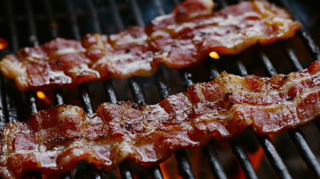 A close-up view of crispy bacon strips sizzling on a grill, exuding a mouthwatering aroma, perfect for summer barbecues and outdoor cooking enjoyment.の素材