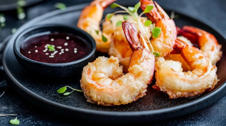 Indulge in these golden crispy fried shrimp served with a tangy dipping sauce and microgreens, offering a deliciously savory treat perfect for any gathering or culinary exploration.の素材