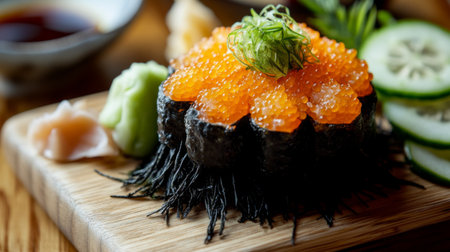 Experience the art of sushi with this vibrant dish featuring salmon roe, wasabi, and fresh vegetables presented beautifully on a wooden platter.の素材