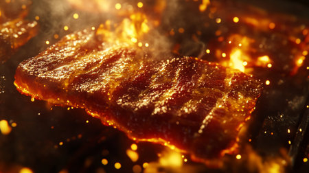 Experience the enticing allure of grilling with this close-up shot of succulent meat, surrounded by flames and smoke, perfect for captivating culinary visuals.の素材