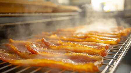 Mouthwatering bacon strips are laid out on a cooling rack, with steam rising, showcasing the savory aroma and crispy texture of this beloved breakfast staple.の素材
