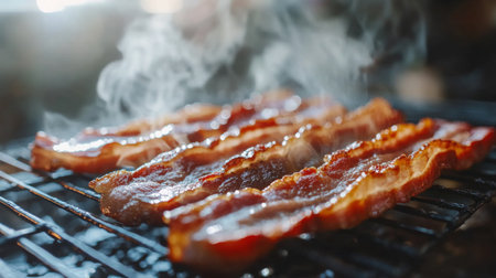 Mouth-watering bacon strips are sizzling on a grill rack, releasing delicious smoke in a cozy kitchen, showcasing the perfect cooking moment for food enthusiasts.の素材