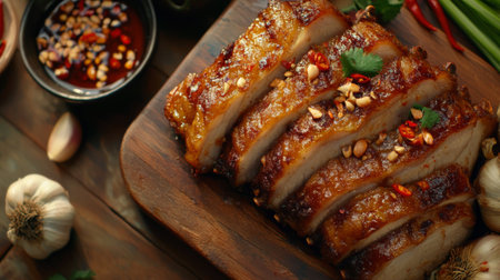 Savory grilled pork belly slices arranged beautifully on a wooden board, garnished with fresh herbs and spices, inviting all food enthusiasts to savor its rich flavor.の素材