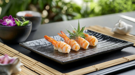 Discover an artful arrangement of fresh shrimp sushi elegantly displayed on a black plate, highlighting vibrant flavors in a serene, natural setting ideal for culinary photography.の素材