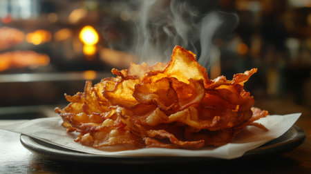 A tempting close-up of crispy bacon strips arranged on a plate, with steam gently rising, capturing the essence of comfort food in a warm kitchen environment.の素材