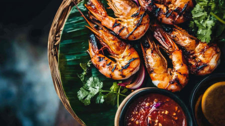 Discover a delectable grilled shrimp dish beautifully presented on banana leaves with a zesty dipping sauce, capturing the essence of vibrant culinary artistry and flavor.の素材