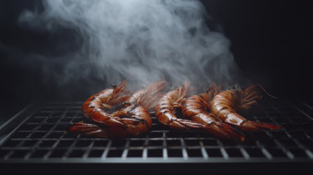 Succulent grilled shrimp produce a mouthwatering aroma as smoke curls around them on a charcoal grill. Perfect for showcasing tasty barbecue preparation in a dark and inviting setting.の素材