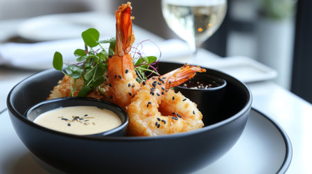 Indulge in a plate of golden fried shrimps elegantly arranged with a creamy dipping sauce and fresh garnish, served with a glass of white wine in a chic setting.の素材