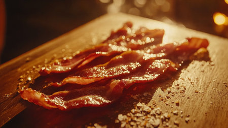 A close-up shot of crispy bacon strips glistening on a wooden cutting board, surrounded by sea salt, capturing the warm and inviting essence of delicious breakfast food.の素材
