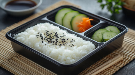A beautifully arranged Japanese bento box featuring fluffy white rice, fresh cucumber slices, and vibrant carrot shreds, perfect for enjoying Asian cuisine.の素材