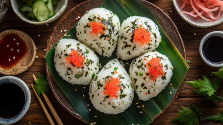 Experience authentic Japanese flavors with these delightful onigiri rice balls topped with fish roe, served on a leafy platter alongside fresh condiments and vibrant greens.の素材