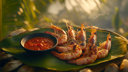 A stunning display of grilled shrimp served on a lush green leaf, accompanied by a rich spicy sauce, perfect for food lovers and tropical cooking enthusiasts.の素材
