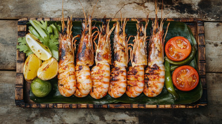 A stunning arrangement of grilled prawns paired with fresh vegetables and citrus fruits, showcasing vibrant colors and delicious flavors, ideal for food lovers.の素材