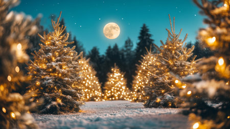A tranquil winter night scene featuring beautifully illuminated Christmas trees under a bright moon, with snow blanketing the ground, evoking a warm holiday spirit.の素材