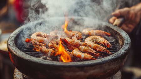 This vibrant image showcases shrimp grilling over open flames at an outdoor barbecue, creating a mouthwatering scene filled with smoke, fire, and summer vibes.の素材