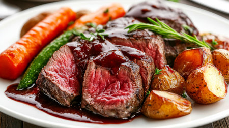 A beautifully plated dish featuring juicy sliced beef steak, glazed with rich sauce, served alongside vibrant vegetables and roasted potatoes.の素材