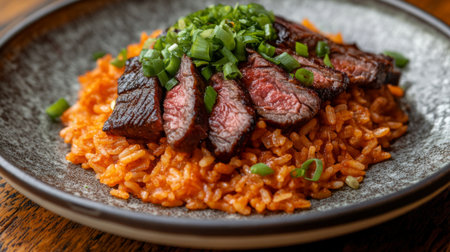 A vibrant dish featuring succulent grilled steak slices atop flavorful rice, garnished with fresh green onions, perfect for food lovers and culinary enthusiasts.の素材
