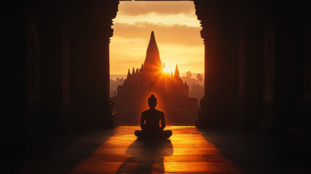 A peaceful Buddha silhouette meditates at sunrise, framed by an ancient temple, showcasing a tranquil landscape that invites reflection and spirituality.の素材