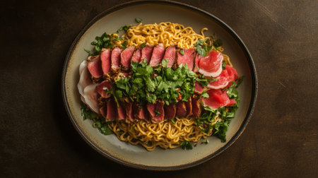 A vibrant plate featuring tender slices of fresh beef atop flavorful noodles, garnished with aromatic herbs. Perfect for showcasing gourmet dining experiences.の素材