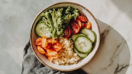 A vibrant salad bowl featuring fresh lettuce, sliced cucumbers, cherry tomatoes, and rice, presented beautifully on a marble surface for a healthy meal.の素材