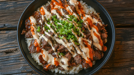 Enjoy a vibrant beef bowl featuring tender meat over fluffy rice, lavishly drizzled with spicy sauce and creamy dressing, garnished with fresh greens for added flavor.の素材