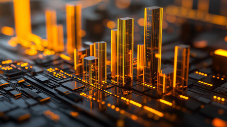 Explore a vibrant futuristic cityscape with glowing structures, neon reflections, and intricate technology components, showcasing a blend of urban innovation and aesthetics.の素材