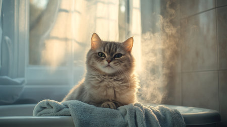 A soft, airy bathroom scene featuring a fluffy cat resting on a towel amidst gentle steam and warm sunlight, creating a tranquil atmosphere of peace and comfort.の素材