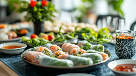 A beautifully arranged plate of fresh spring rolls filled with colorful vegetables and herbs, set on a dining table with vibrant garnishes and sauces, ideal for healthy eating.の素材